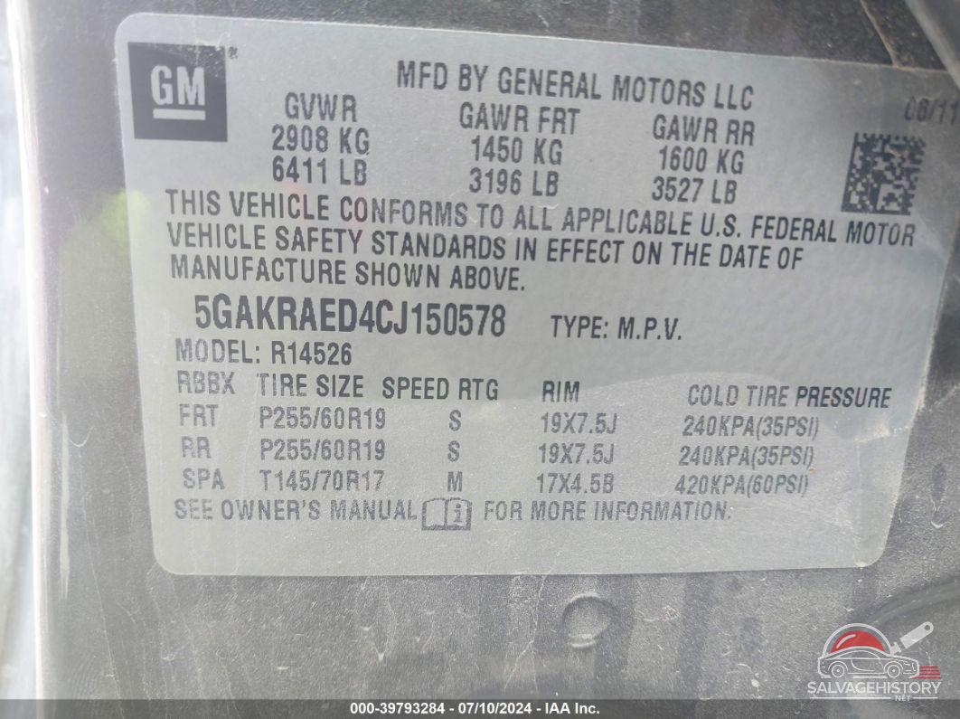 5GAKRAED4CJ150578 2012 BUICK ENCLAVE photo no. 9