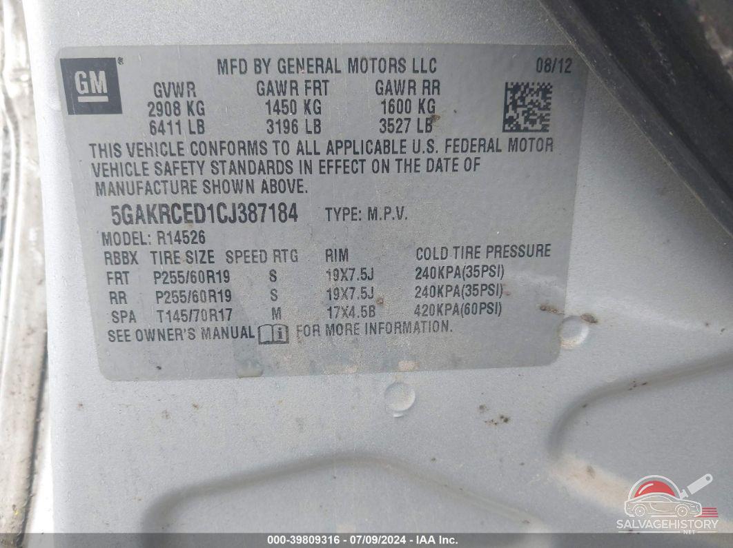 5GAKRCED1CJ387184 2012 BUICK ENCLAVE photo no. 9