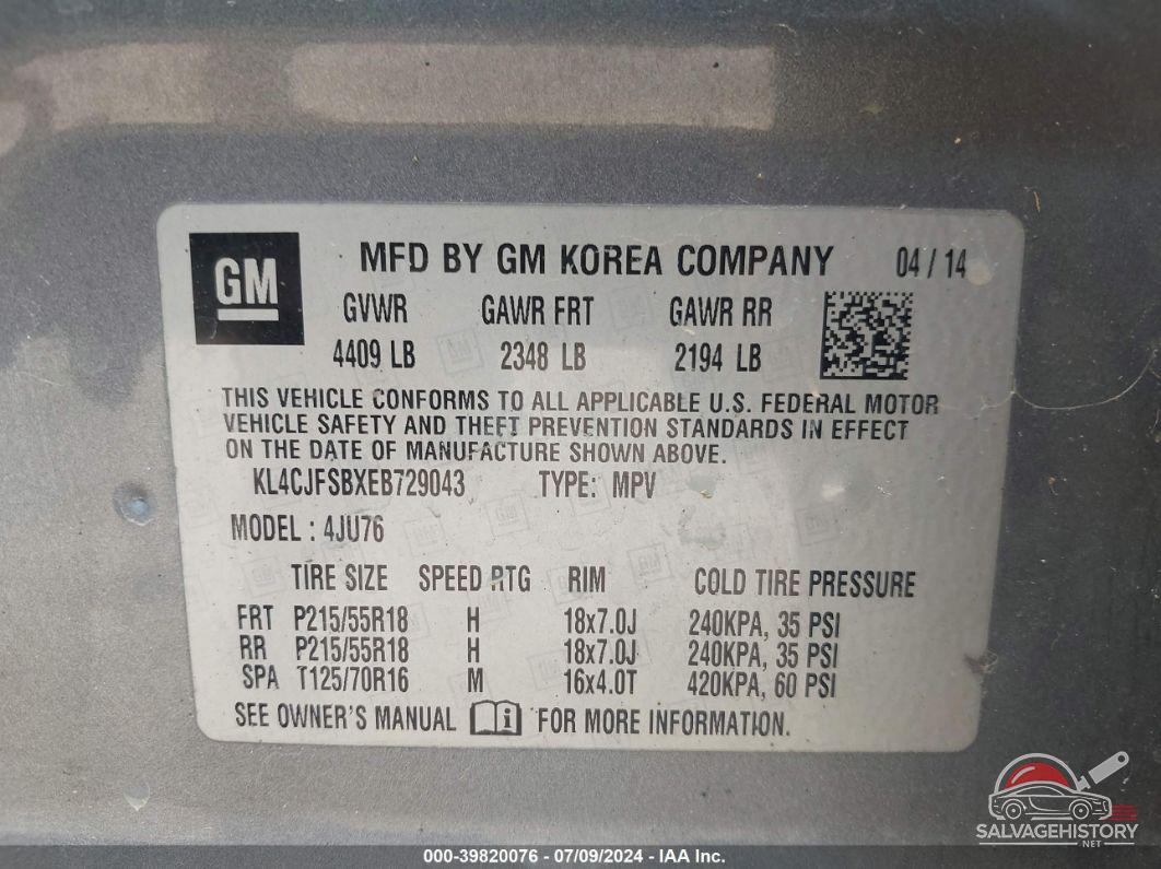 KL4CJFSBXEB729043 2014 BUICK ENCORE photo no. 9