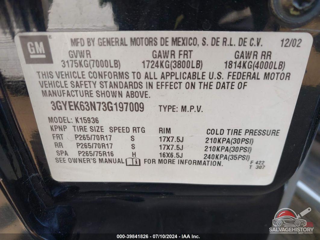 3GYEK63N73G197009 2003 CADILLAC ESCALADE EXT photo no. 9