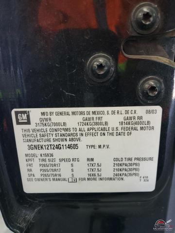 3GNEK12T24G114605 2004 CHEVROLET AVALANCHE photo no. 12