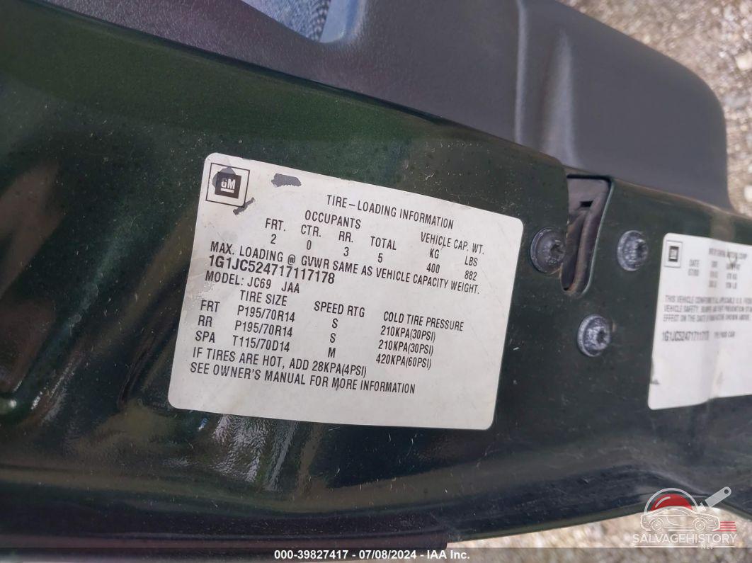 1G1JC524717117178 2001 CHEVROLET CAVALIER photo no. 9