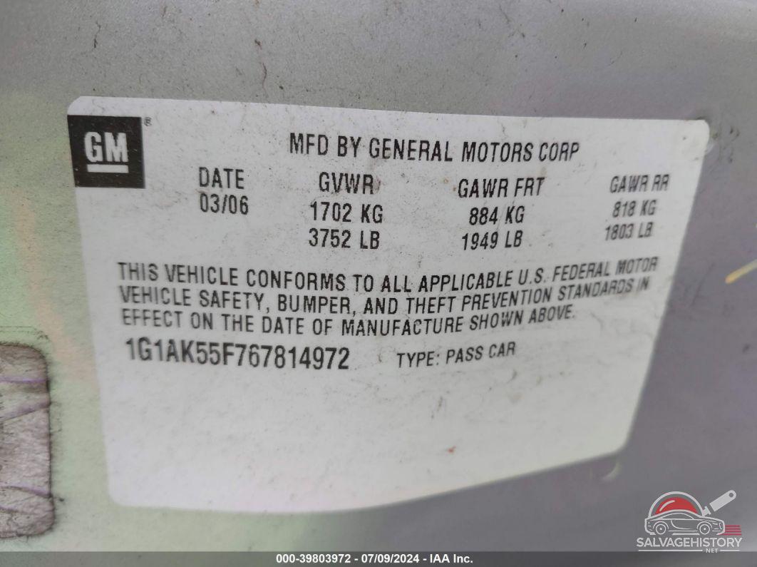 1G1AK55F767814972 2006 CHEVROLET COBALT photo no. 9