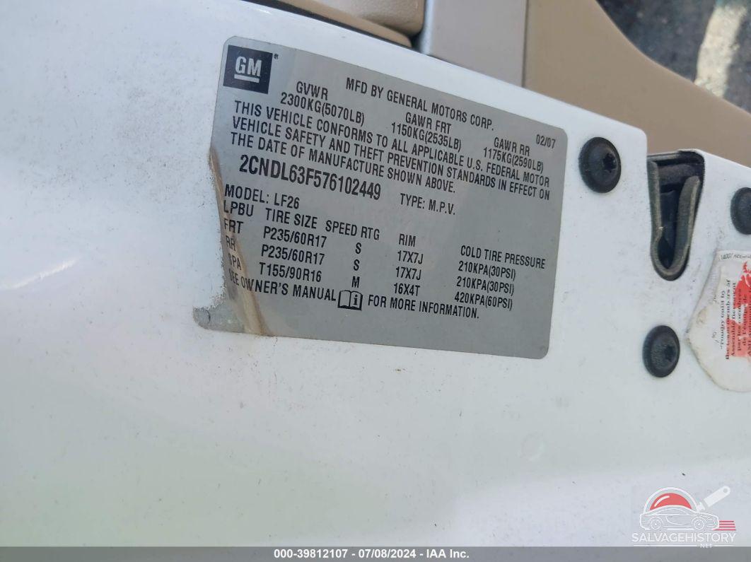 2CNDL63F576102449 2007 CHEVROLET EQUINOX photo no. 9