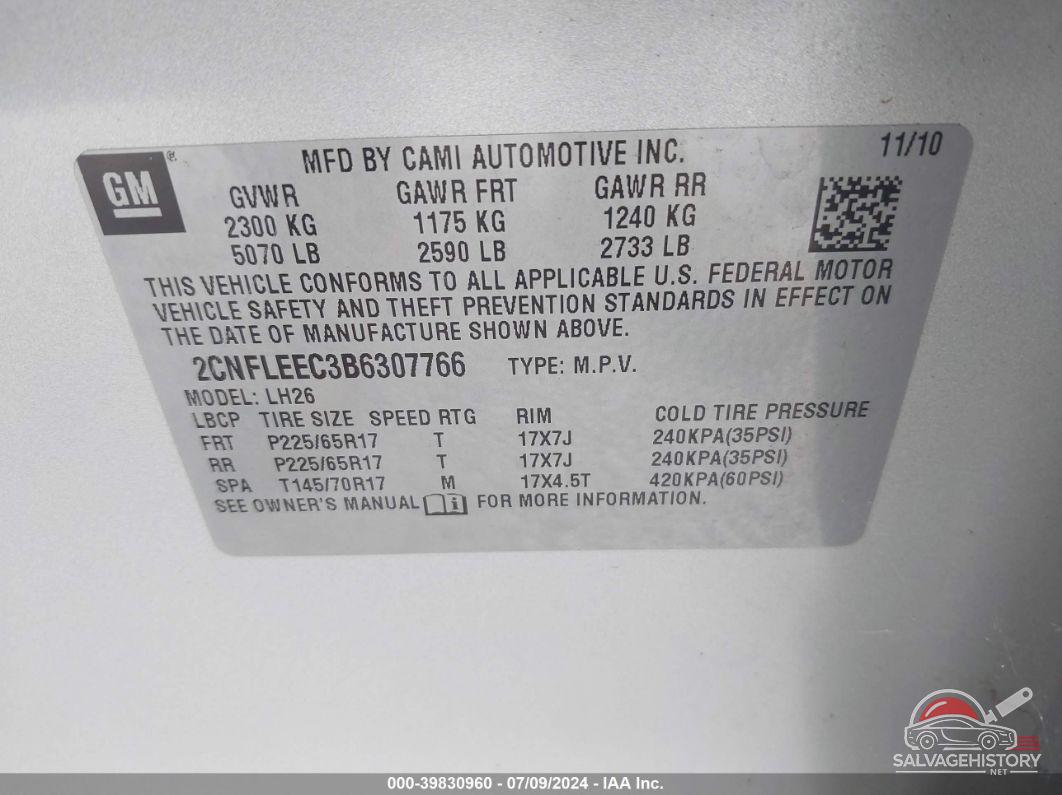 2CNFLEEC3B6307766 2011 CHEVROLET EQUINOX photo no. 9