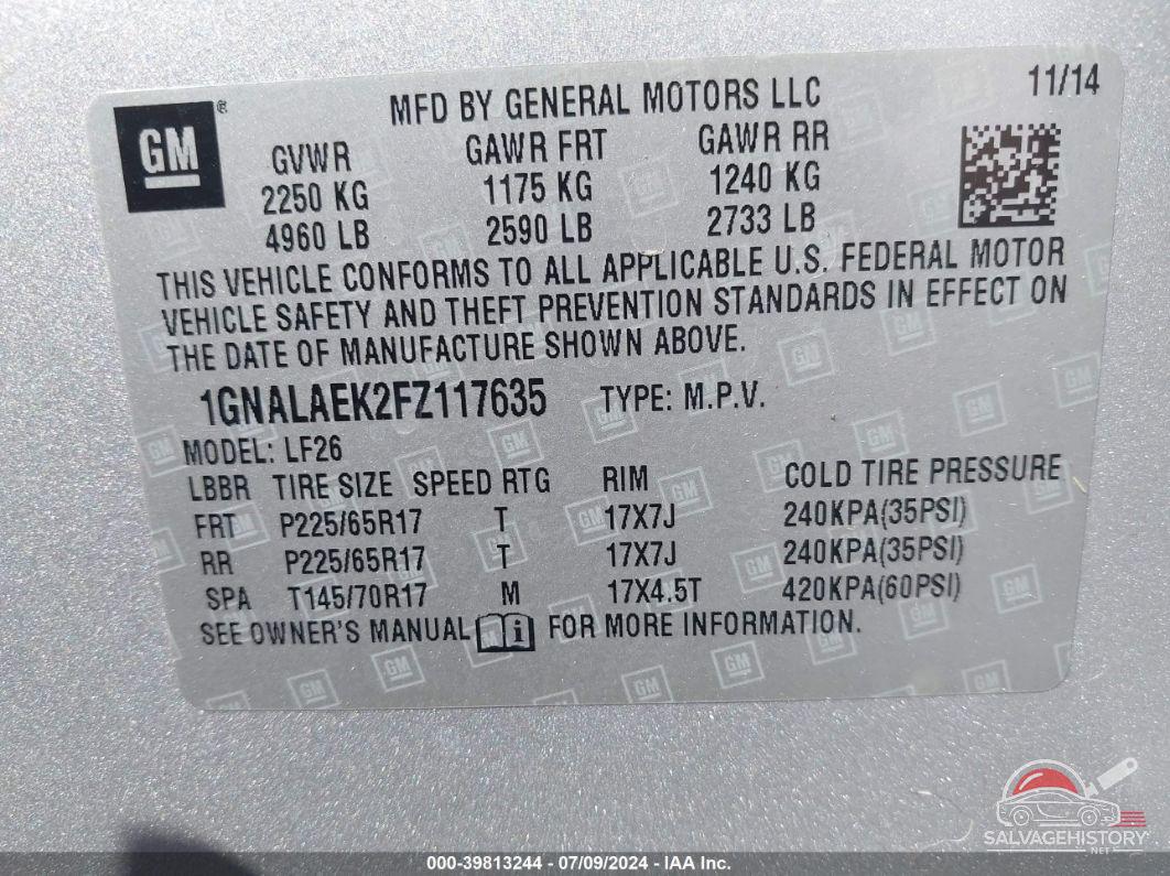 1GNALAEK2FZ117635 2015 CHEVROLET EQUINOX photo no. 9