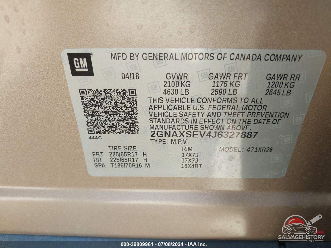 2GNAXSEV4J6327887 2018 CHEVROLET EQUINOX photo no. 9