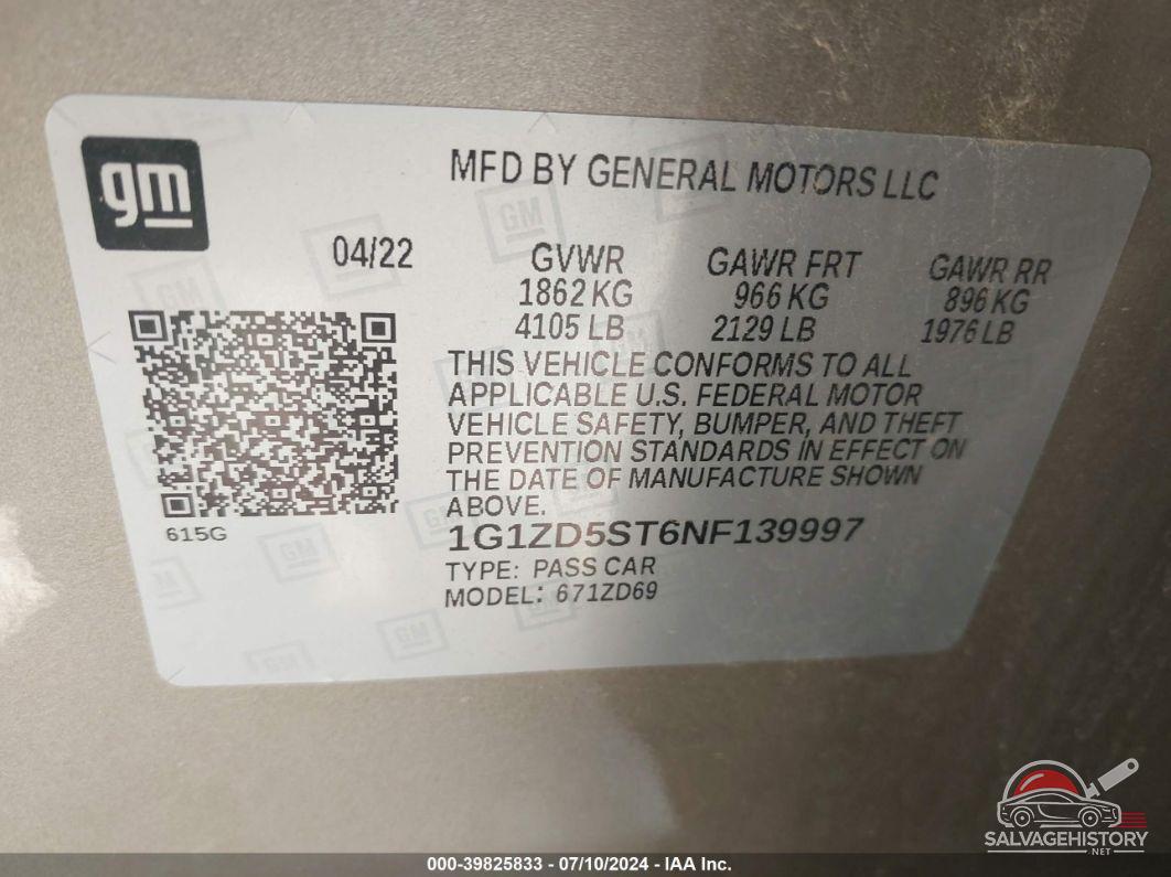 1G1ZD5ST6NF139997 2022 CHEVROLET MALIBU photo no. 9
