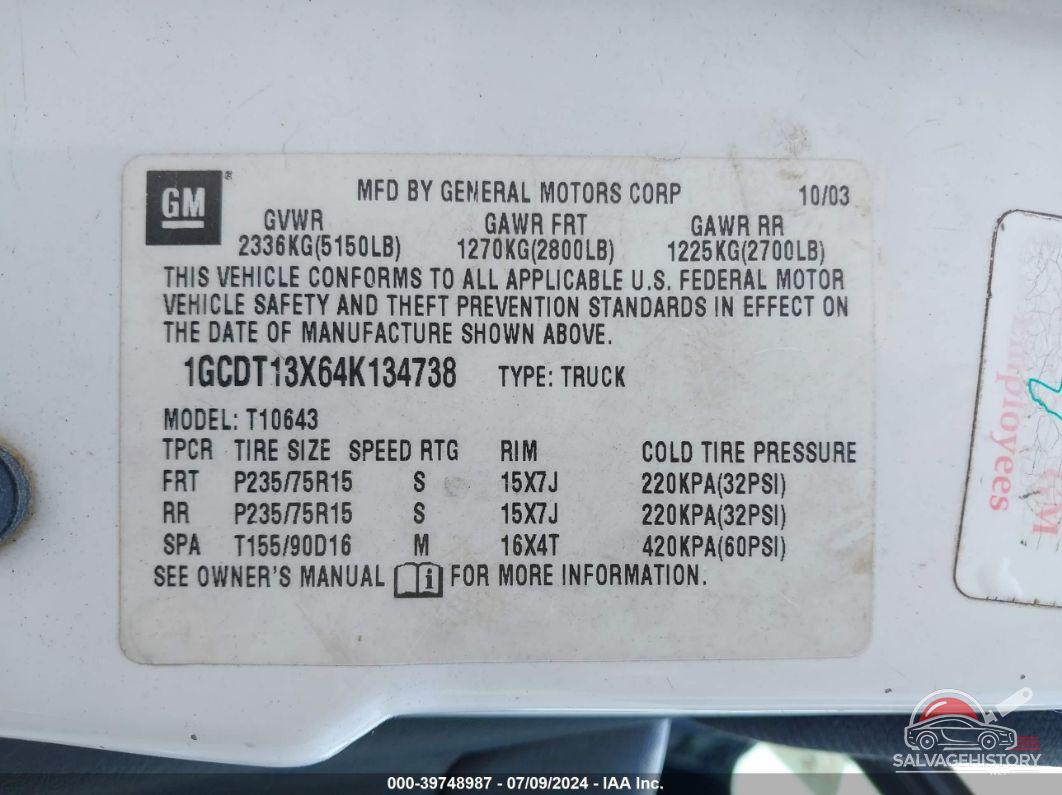 1GCDT13X64K134738 2004 CHEVROLET S-10 photo no. 9