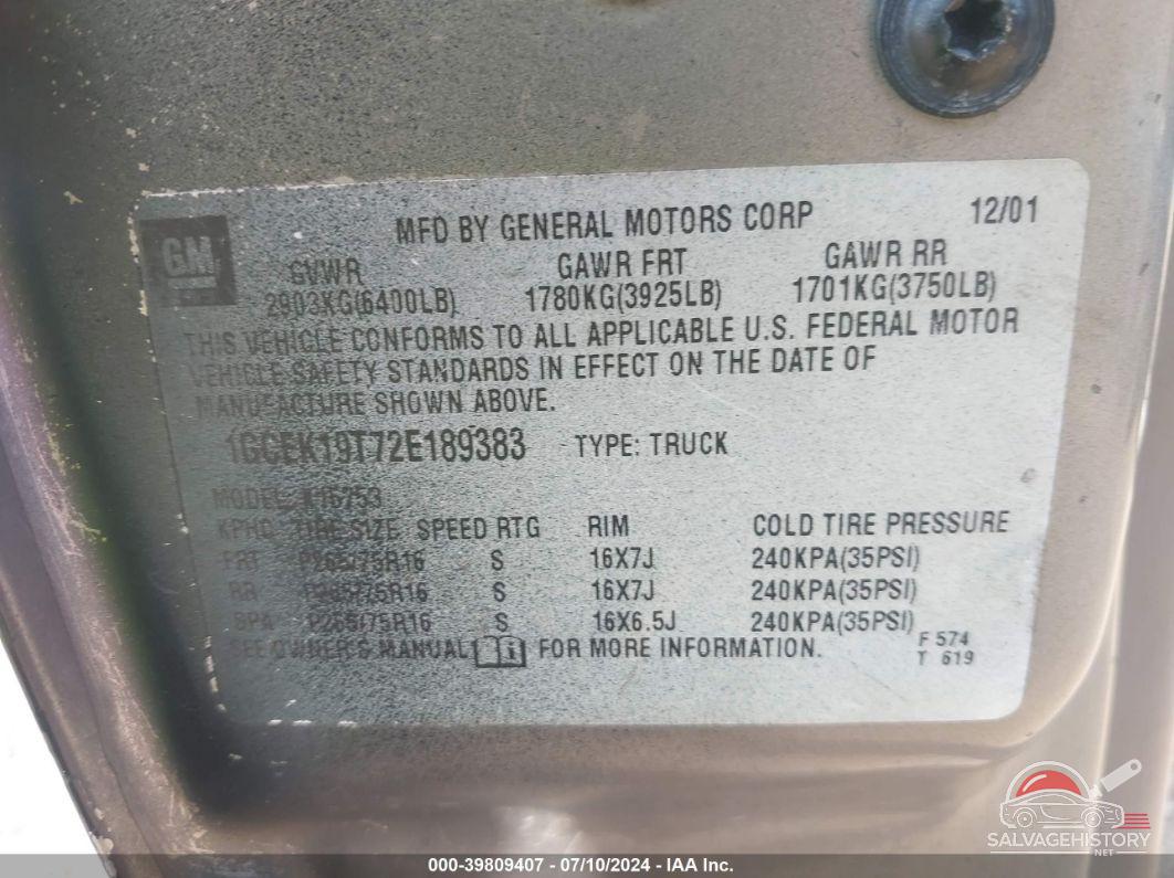 1GCEK19T72E189383 2002 CHEVROLET SILVERADO 1500 photo no. 9