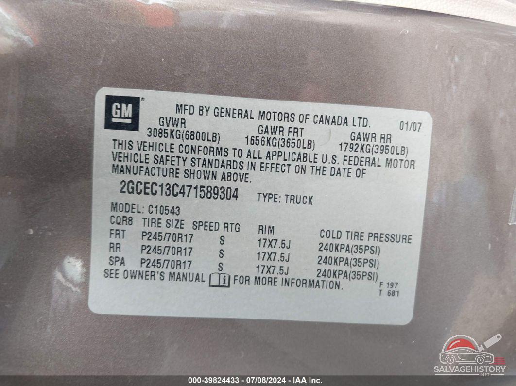 2GCEC13C471589304 2007 CHEVROLET SILVERADO 1500 photo no. 9