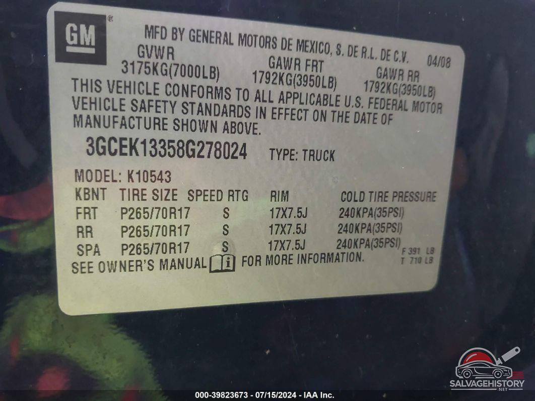 3GCEK13358G278024 2008 CHEVROLET SILVERADO 1500 photo no. 9