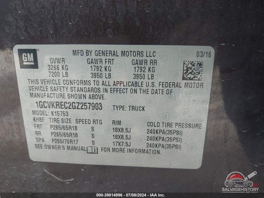 1GCVKREC2GZ257903 2016 CHEVROLET SILVERADO 1500 photo no. 9