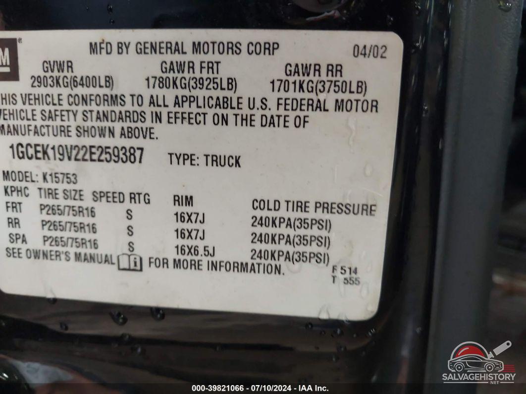 1GCEK19V22E259387 2002 CHEVROLET SILVERADO photo no. 9