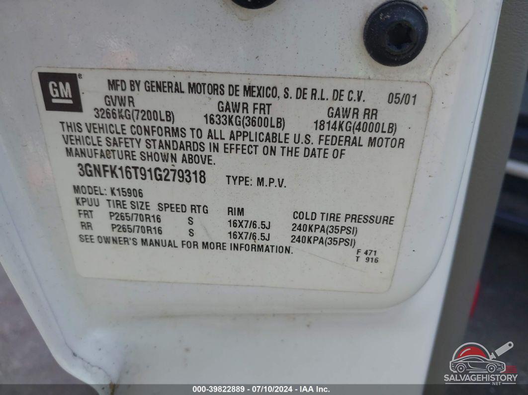 3GNFK16T91G279318 2001 CHEVROLET SUBURBAN 1500 photo no. 9