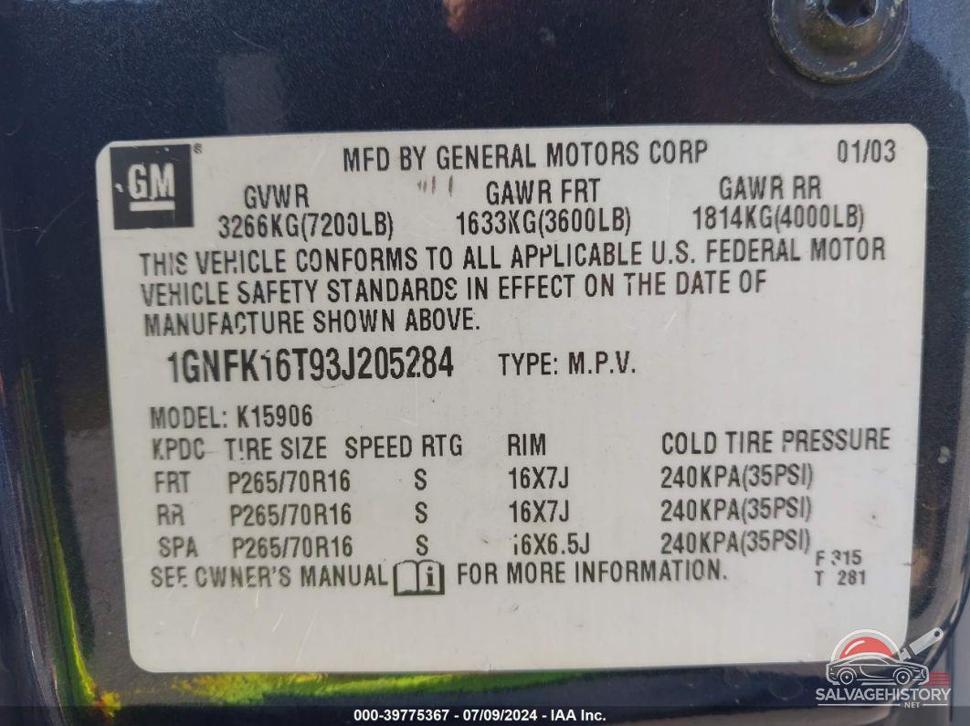 1GNFK16T93J205284 2003 CHEVROLET SUBURBAN 1500 photo no. 9