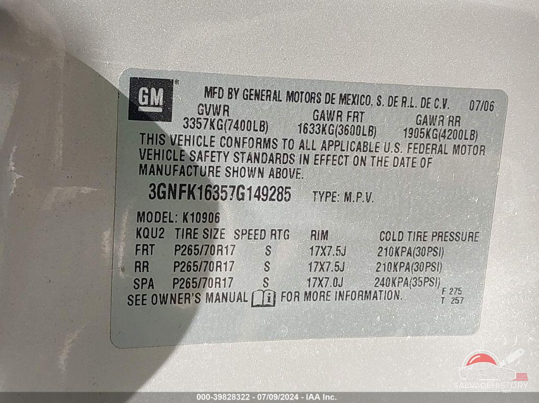3GNFK16357G149285 2007 CHEVROLET SUBURBAN 1500 photo no. 9