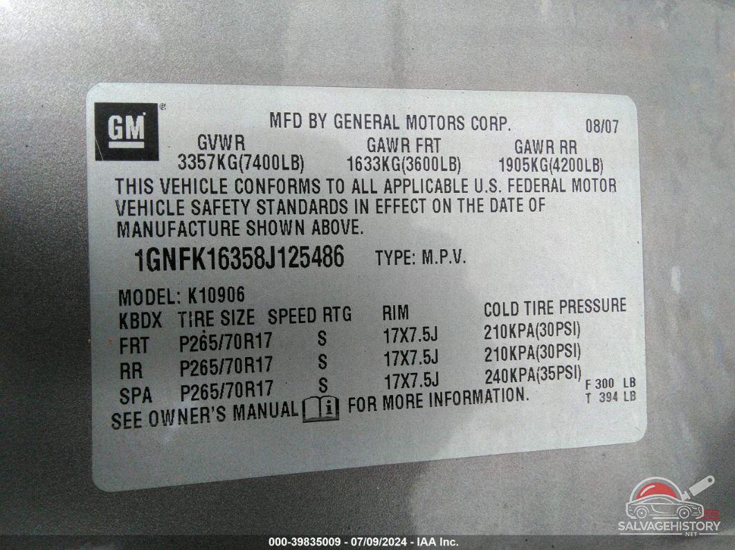 1GNFK16358J125486 2008 CHEVROLET SUBURBAN 1500 photo no. 9
