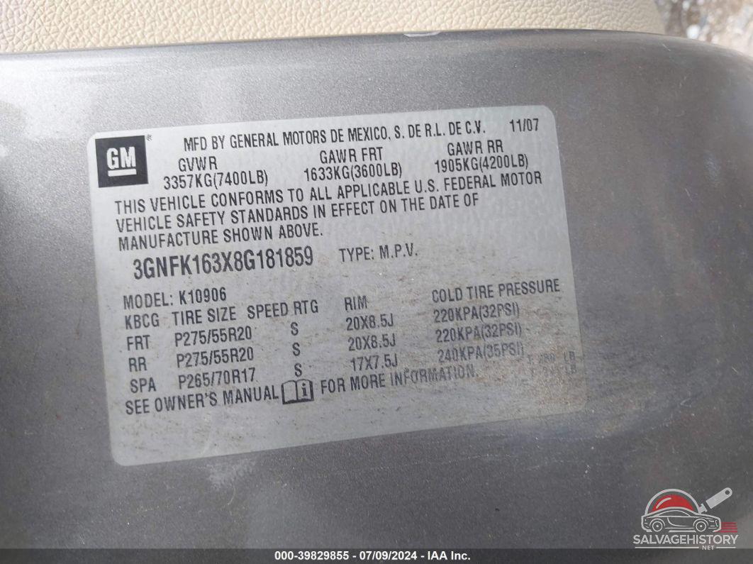 3GNFK163X8G181859 2008 CHEVROLET SUBURBAN 1500 photo no. 9