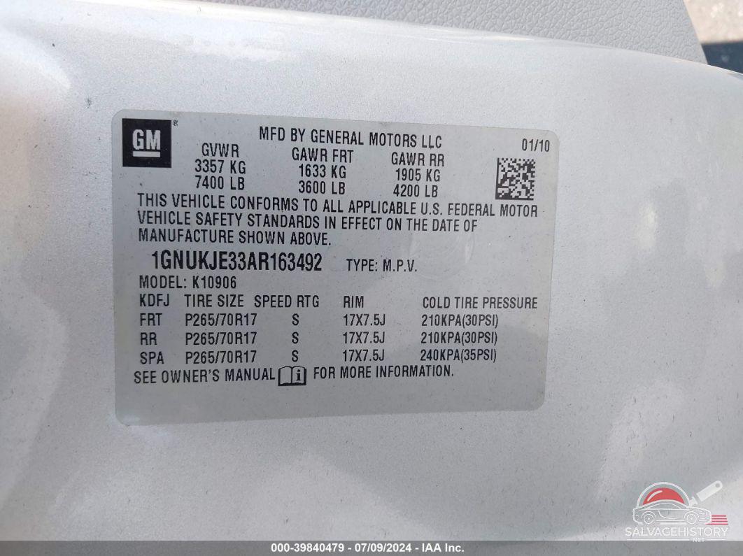 1GNUKJE33AR163492 2010 CHEVROLET SUBURBAN 1500 photo no. 9