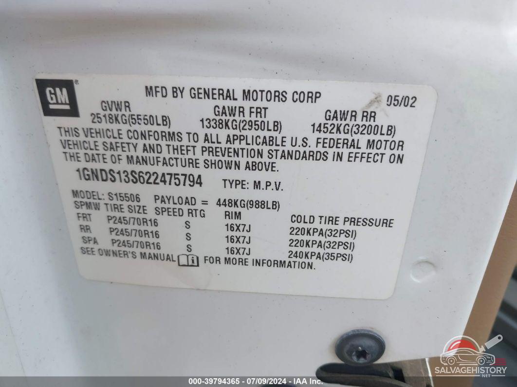 1GNDS13S622475794 2002 CHEVROLET TRAILBLAZER photo no. 9