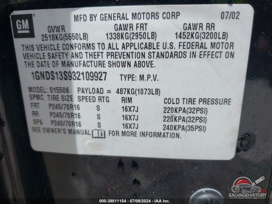 1GNDS13S932109927 2003 CHEVROLET TRAILBLAZER photo no. 9