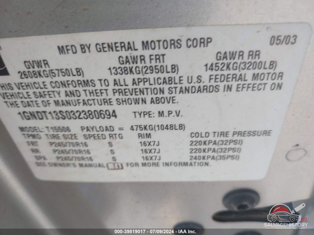 1GNDT13S032380694 2003 CHEVROLET TRAILBLAZER photo no. 9