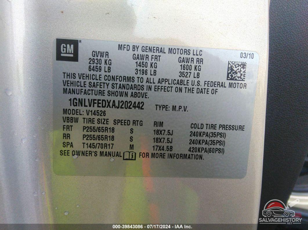 1GNLVFEDXAJ202442 2010 CHEVROLET TRAVERSE photo no. 9