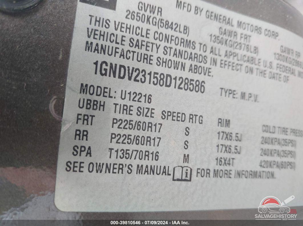 1GNDV23158D128586 2008 CHEVROLET UPLANDER photo no. 9