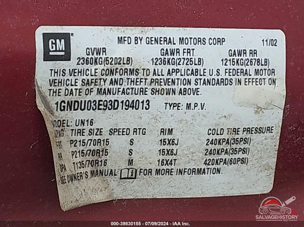 1GNDU03E93D194013 2003 CHEVROLET VENTURE photo no. 9