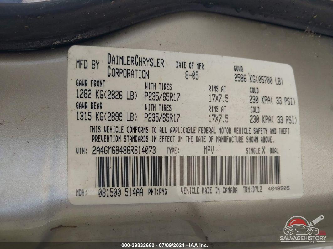 2A4GM68486R614073 2006 CHRYSLER PACIFICA photo no. 9