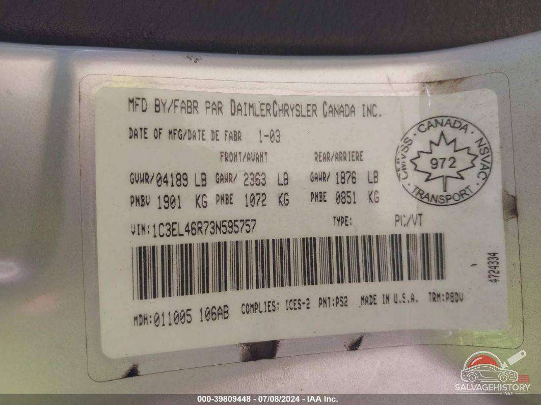 1C3EL46R73N595757 2003 CHRYSLER SEBRING photo no. 9