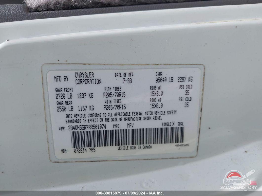 2B4GH55R7RR501074 1994 DODGE CARAVAN photo no. 9