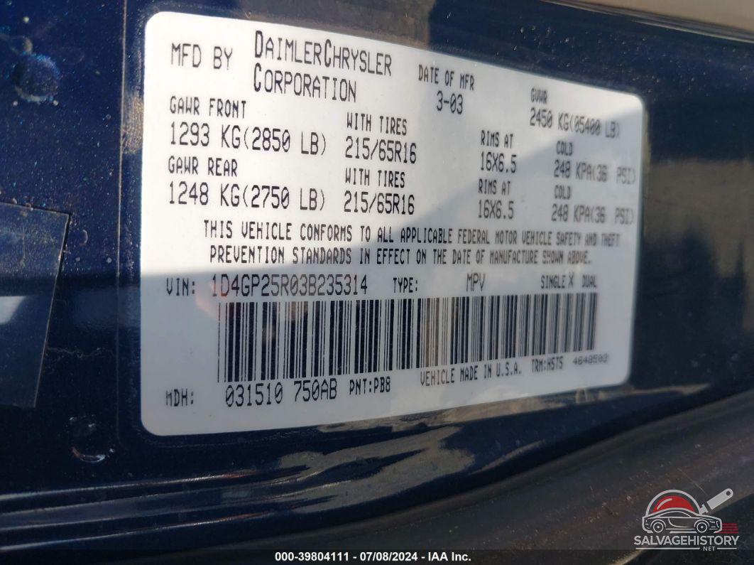 1D4GP25R03B235314 2003 DODGE CARAVAN photo no. 9