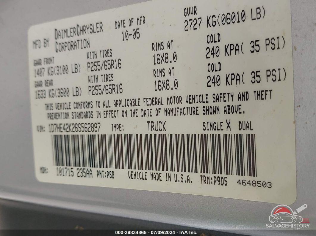 1D7HE42K26S562897 2006 DODGE DAKOTA photo no. 9