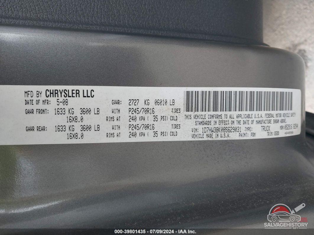 1D7HW38K08S629031 2008 DODGE DAKOTA photo no. 9