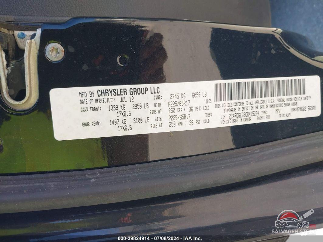2C4RDGEG0CR415274 2012 DODGE GRAND CARAVAN photo no. 9