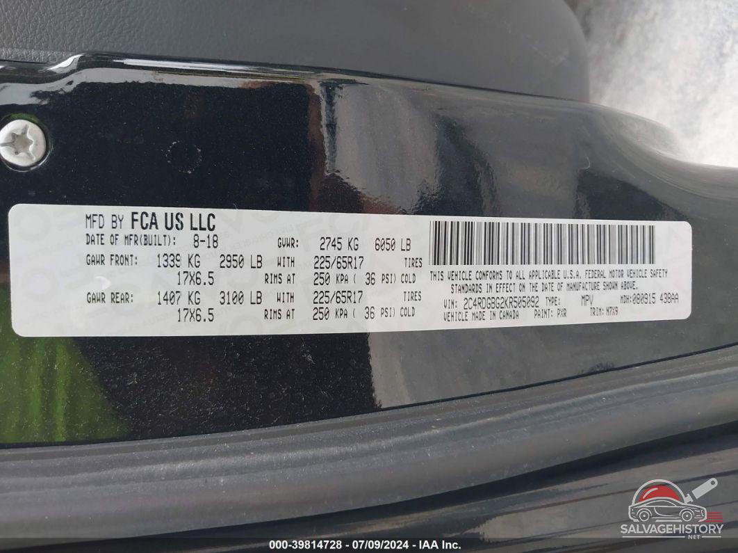 2C4RDGBG2KR505092 2019 DODGE GRAND CARAVAN photo no. 9