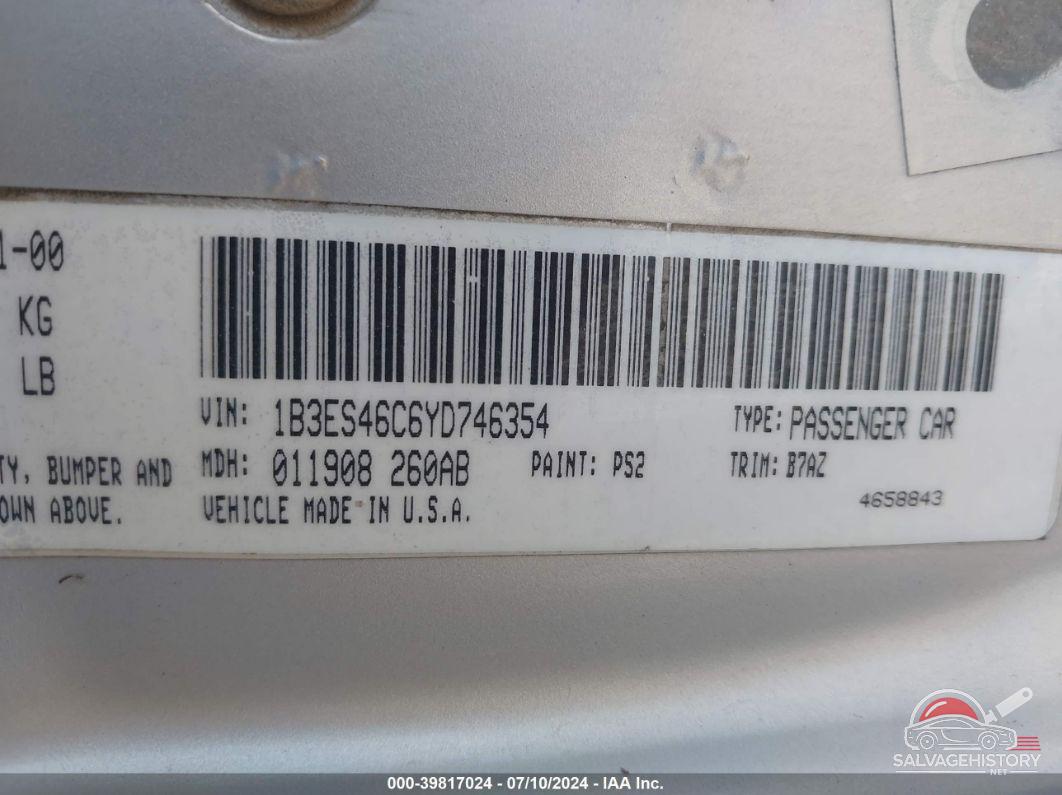 1B3ES46C6YD746354 2000 DODGE NEON photo no. 9