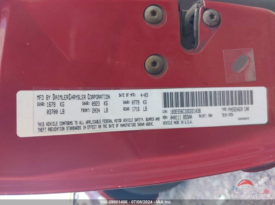 1B3ES56C33D221038 2003 DODGE NEON photo no. 9