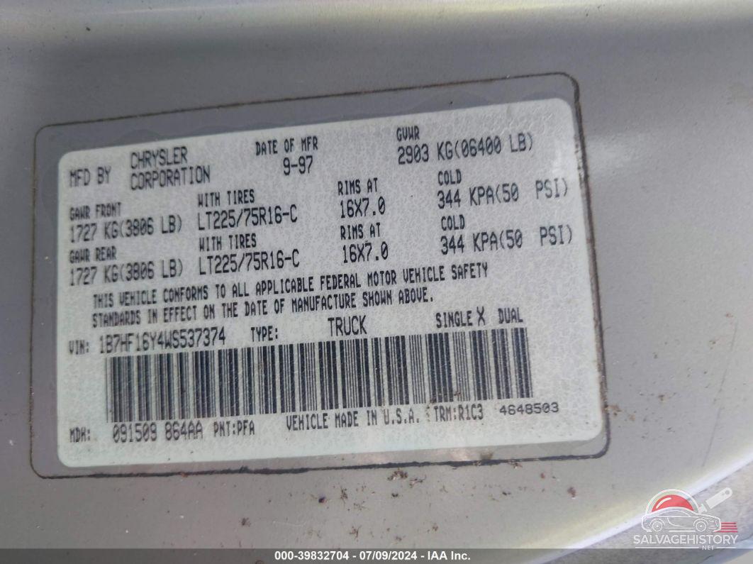 1B7HF16Y4WS537374 1998 DODGE RAM 1500 photo no. 9