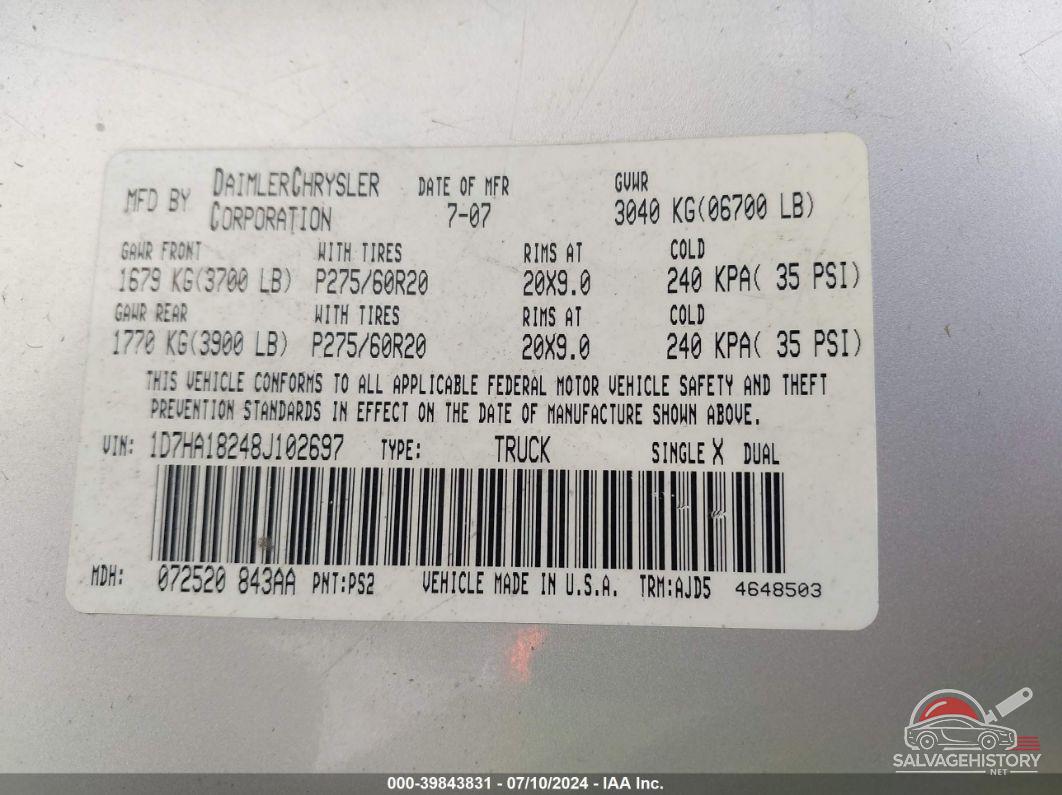 1D7HA18248J102697 2008 DODGE RAM 1500 photo no. 9