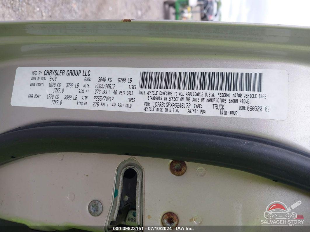 1D7RB1GPXAS246172 2010 DODGE RAM 1500 photo no. 9