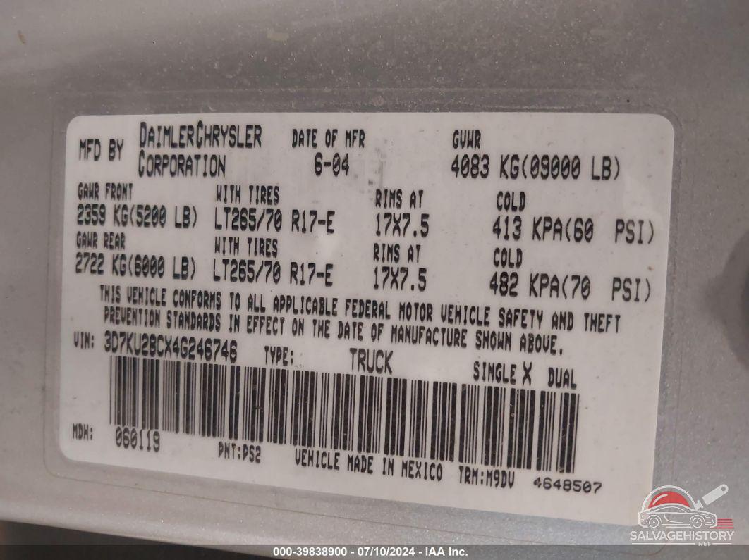 3D7KU28CX4G246746 2004 DODGE RAM 2500 photo no. 9