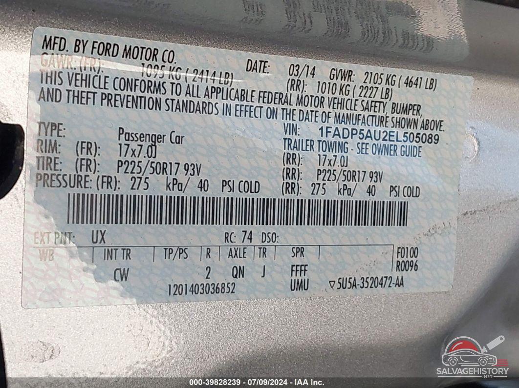1FADP5AU2EL505089 2014 FORD C-MAX HYBRID photo no. 9