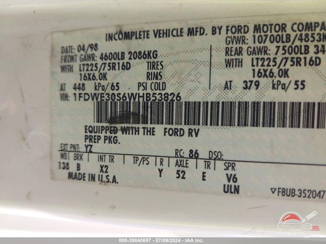 1FDWE30S6WHB53826 1998 FORD ECONOLINE photo no. 9