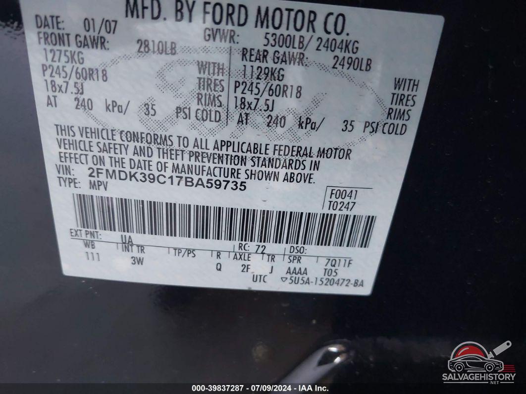 2FMDK39C17BA59735 2007 FORD EDGE photo no. 9