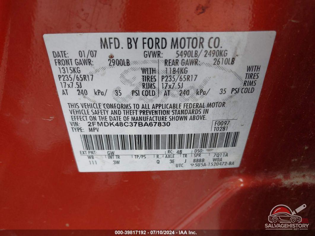 2FMDK48C37BA67830 2007 FORD EDGE photo no. 9