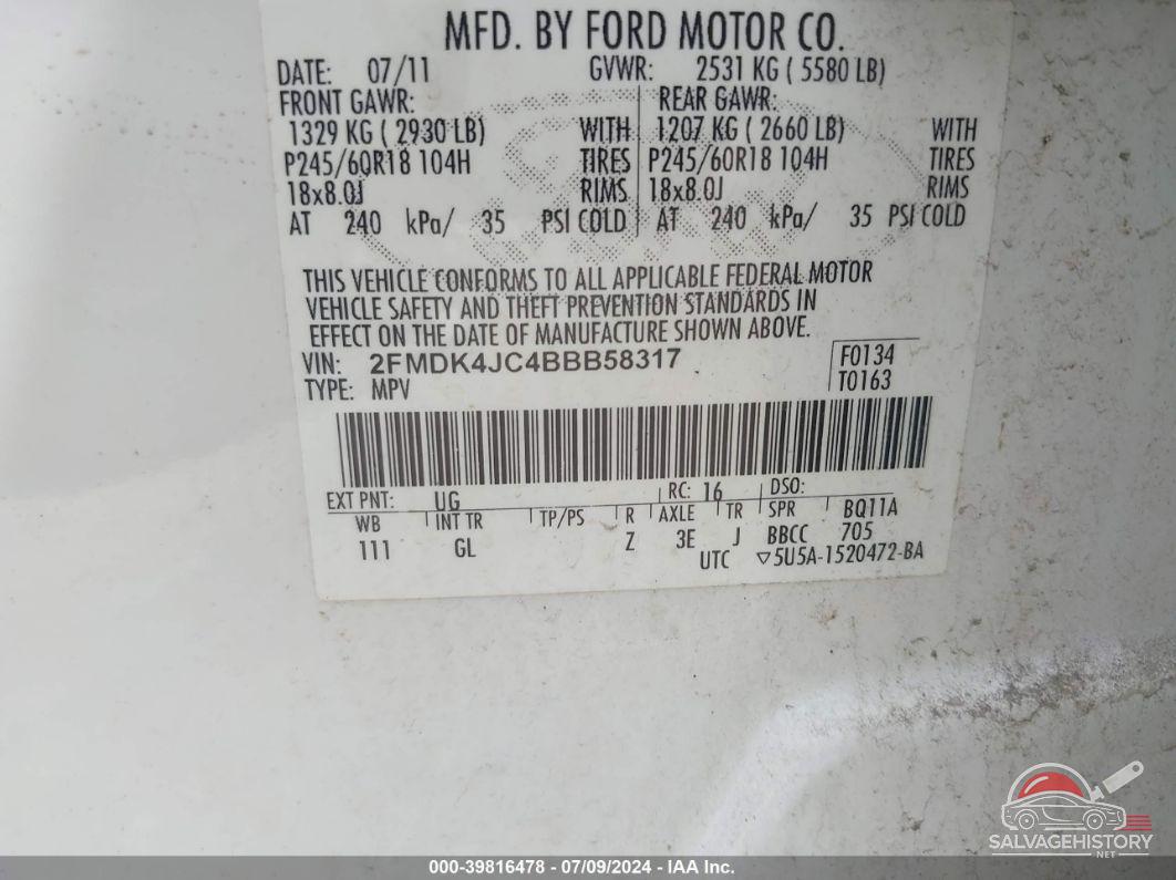 2FMDK4JC4BBB58317 2011 FORD EDGE photo no. 9