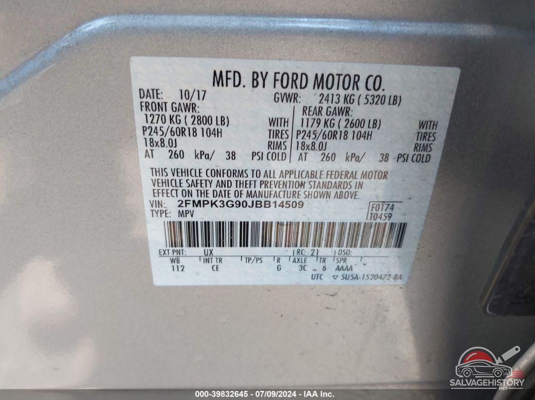 2FMPK3G90JBB14509 2018 FORD EDGE photo no. 9